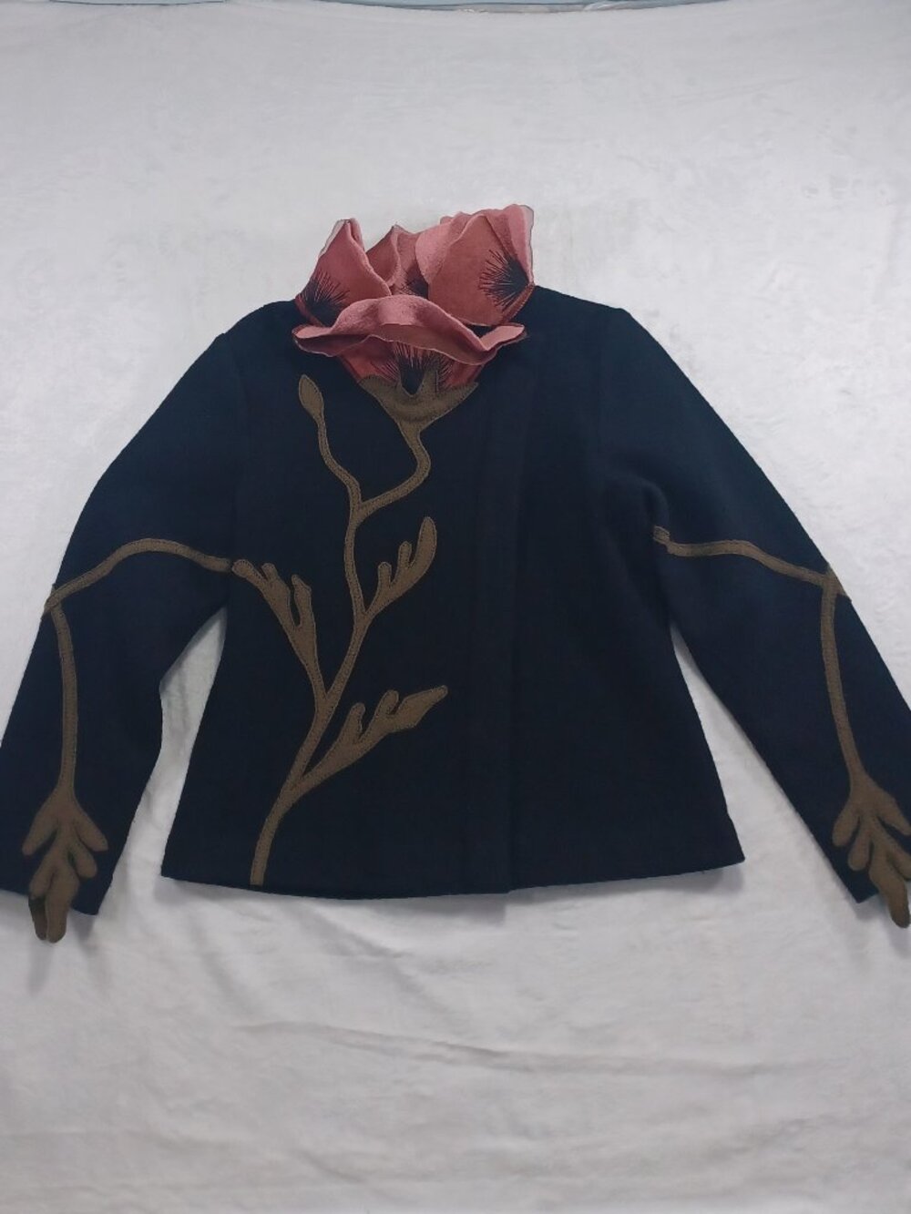 Anthropologie Covelo Women's Black Pink Poppy Wool Silk Organza Collar Jacket S